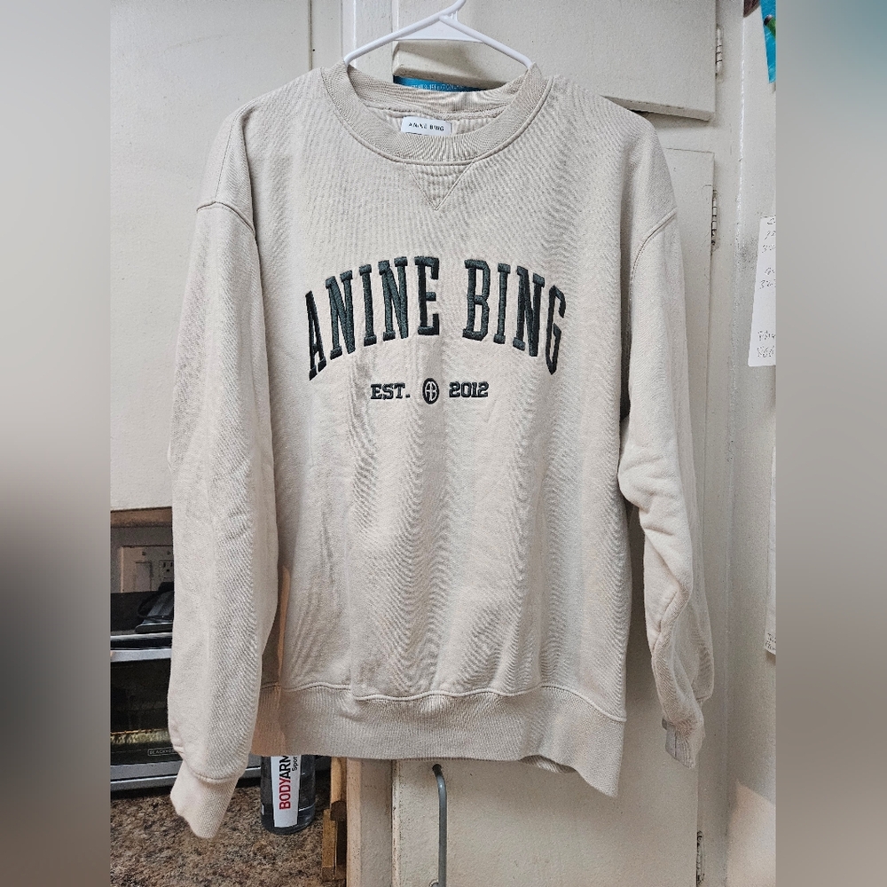 Anine Bing light tan est. 2012 green embroidered front sz Large L sweatshirt